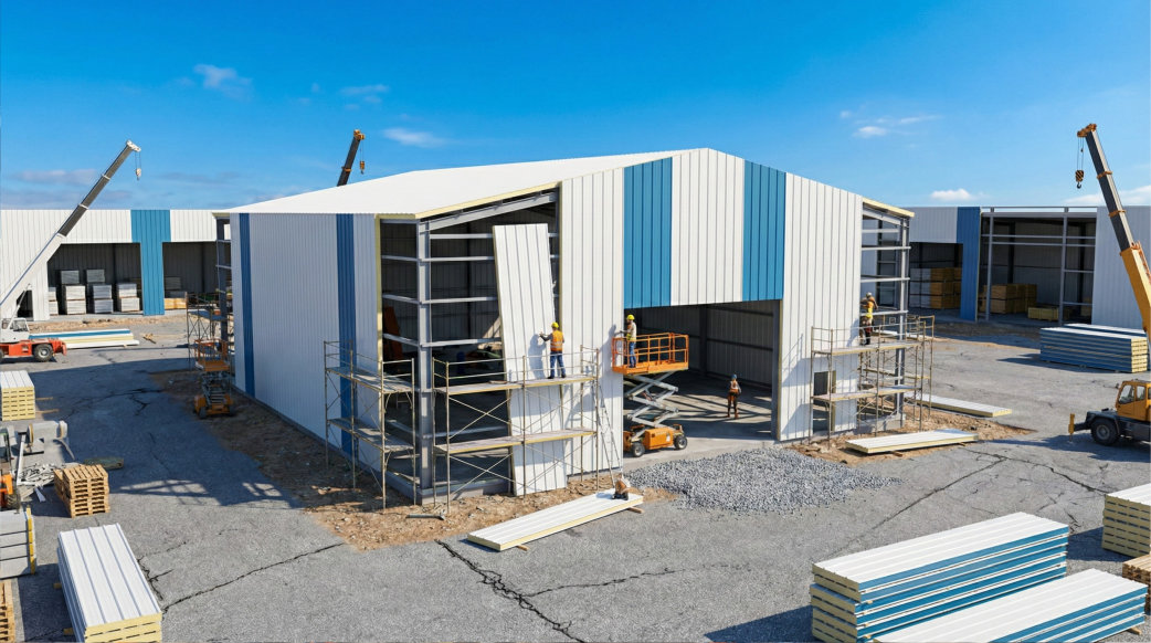 warehouse storage building installation with sandwich panels