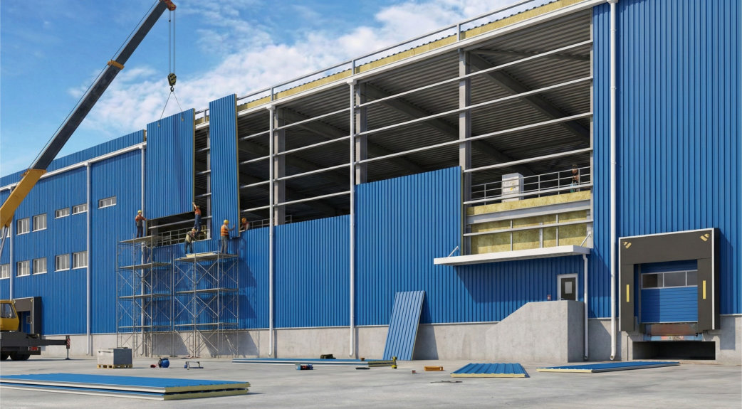 factory build with steel structure and sandwich panels